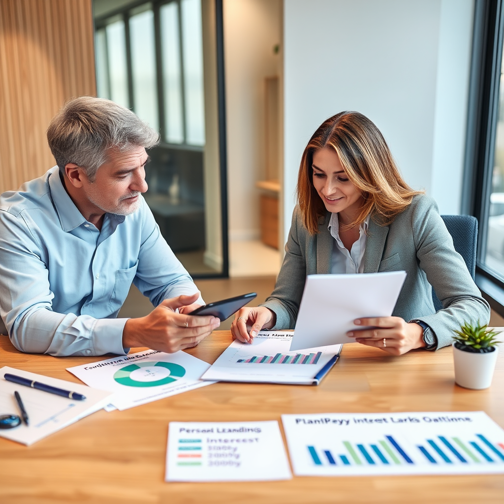 Professional financial advisor consulting with client about personal lending options, showing documents and calculator on modern desk with charts displaying competitive interest rates and flexible repayment terms