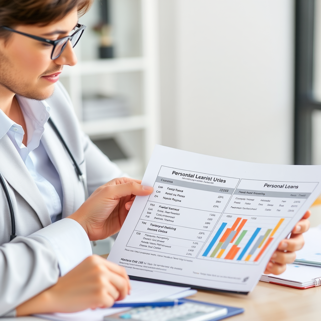 Professional financial advisor reviewing personal loan documents with calculator and charts showing competitive interest rates and flexible repayment options