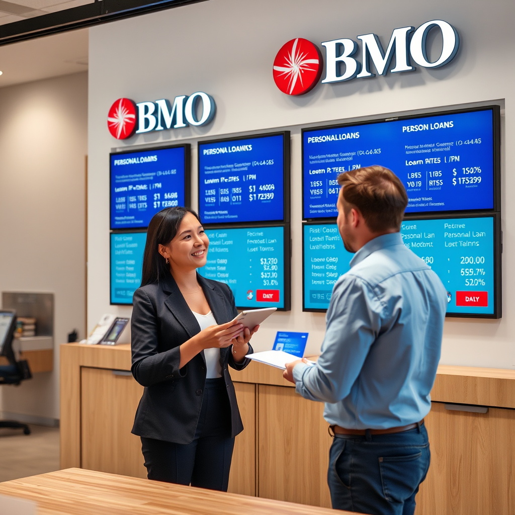 Professional BMO banker consulting with client about personal loan options in modern branch office with digital displays showing loan rates and terms