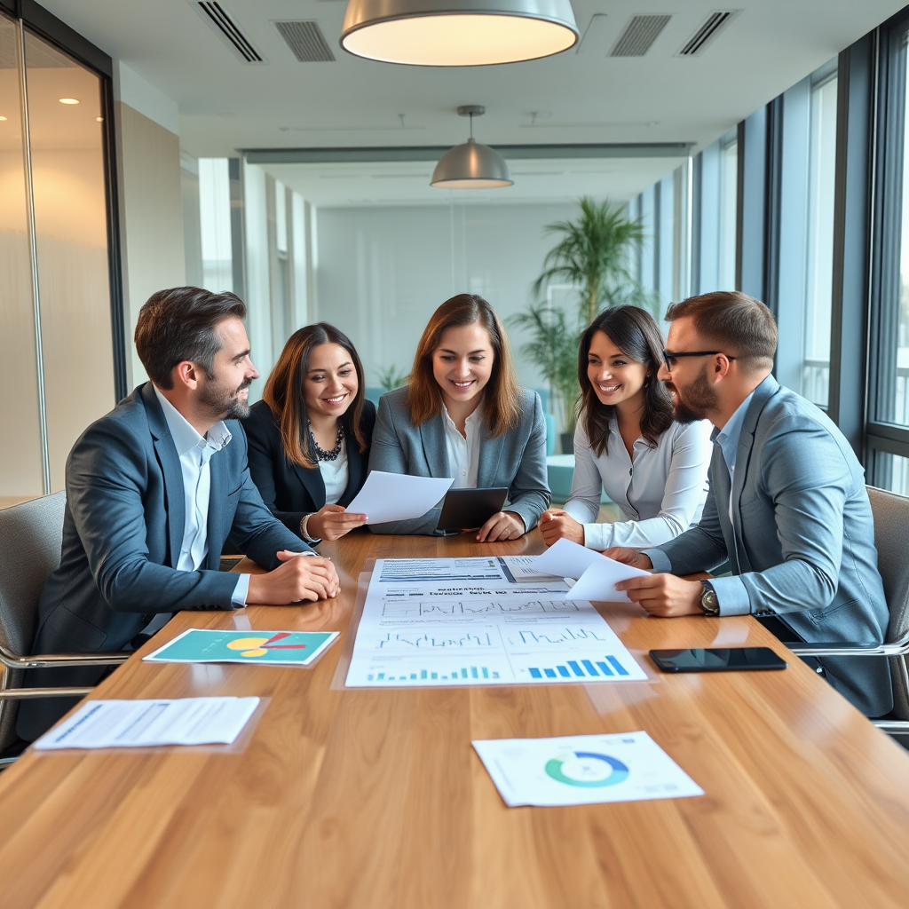 Professional business team discussing financing options in modern conference room with charts and documents on table