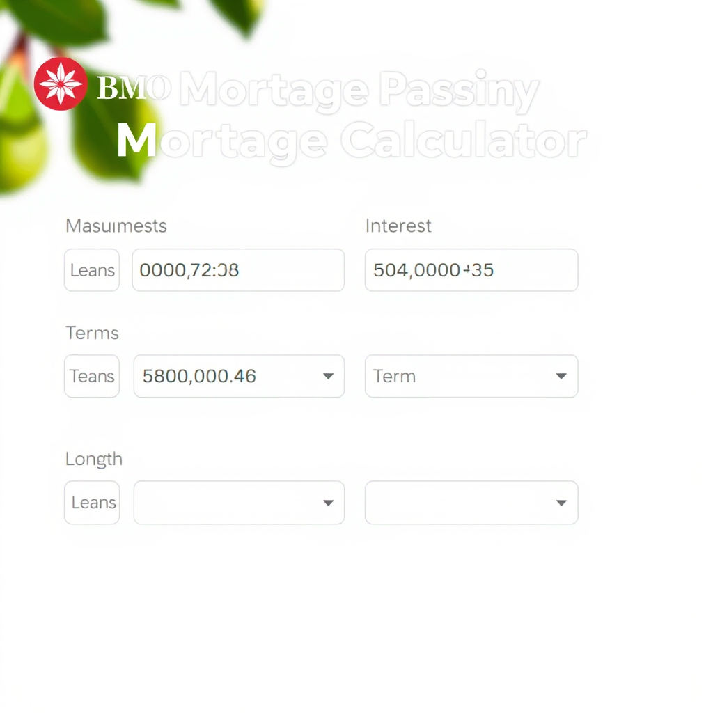 BMO mortgage calculator interface showing monthly payment estimation tools with input fields for loan amount, interest rate, and term length