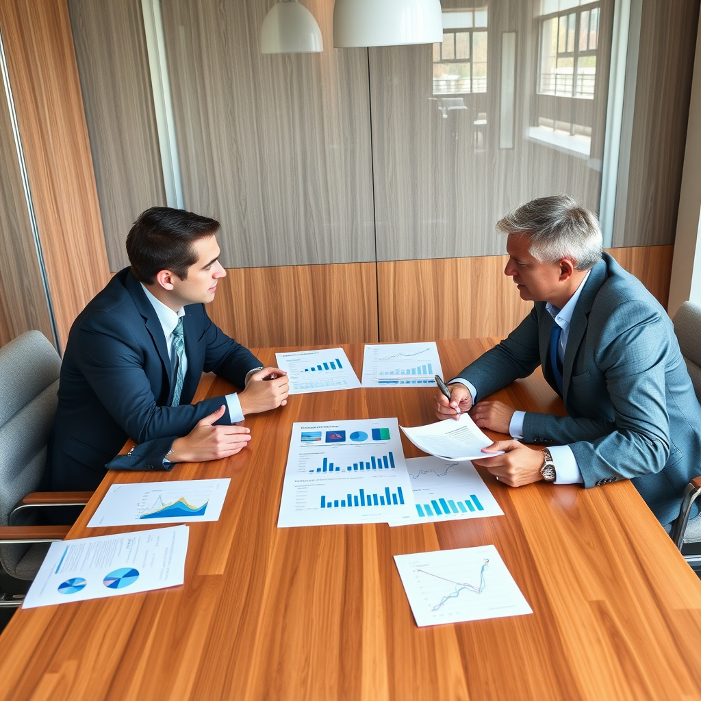 Professional financial advisors in business attire discussing investment strategies around a conference table with charts and financial documents