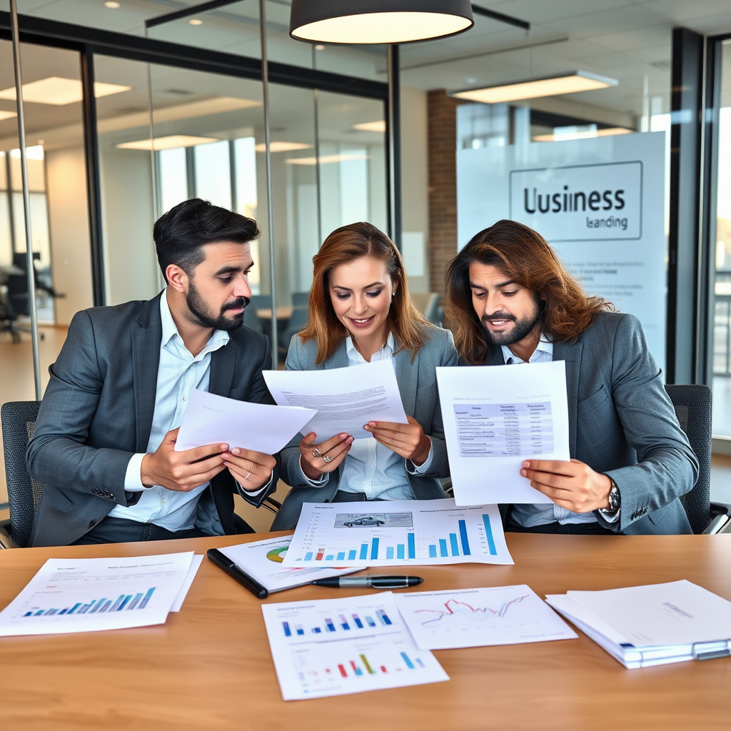 Modern business office setting with entrepreneurs reviewing commercial lending documents, equipment financing contracts, and working capital loan applications with financial charts showing business growth projections