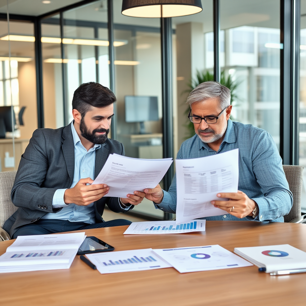 Modern office setting with business owners reviewing commercial financing documents, equipment financing contracts, and working capital loan applications with financial charts