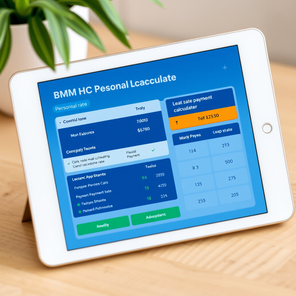 Digital tablet displaying BMO personal loan calculator interface with competitive rate comparison charts and flexible payment schedule options