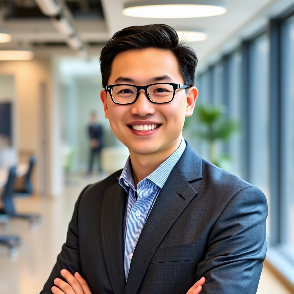 Professional headshot of Michael Chen, Director of Digital Banking Solutions, wearing a charcoal gray suit with glasses and a warm professional smile in a modern office environment
