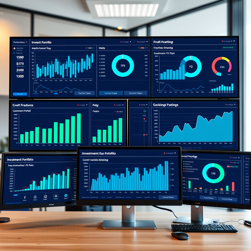 Modern investment portfolio dashboard showing performance charts, asset allocation graphs, and financial metrics on computer screens