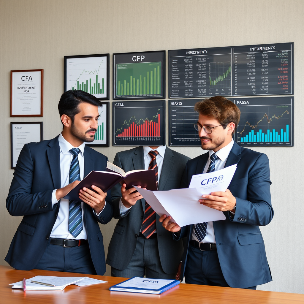 Professional wealth management advisors and investment specialists in business suits analyzing financial portfolios and investment charts with CFP and CFA certifications displayed on wall