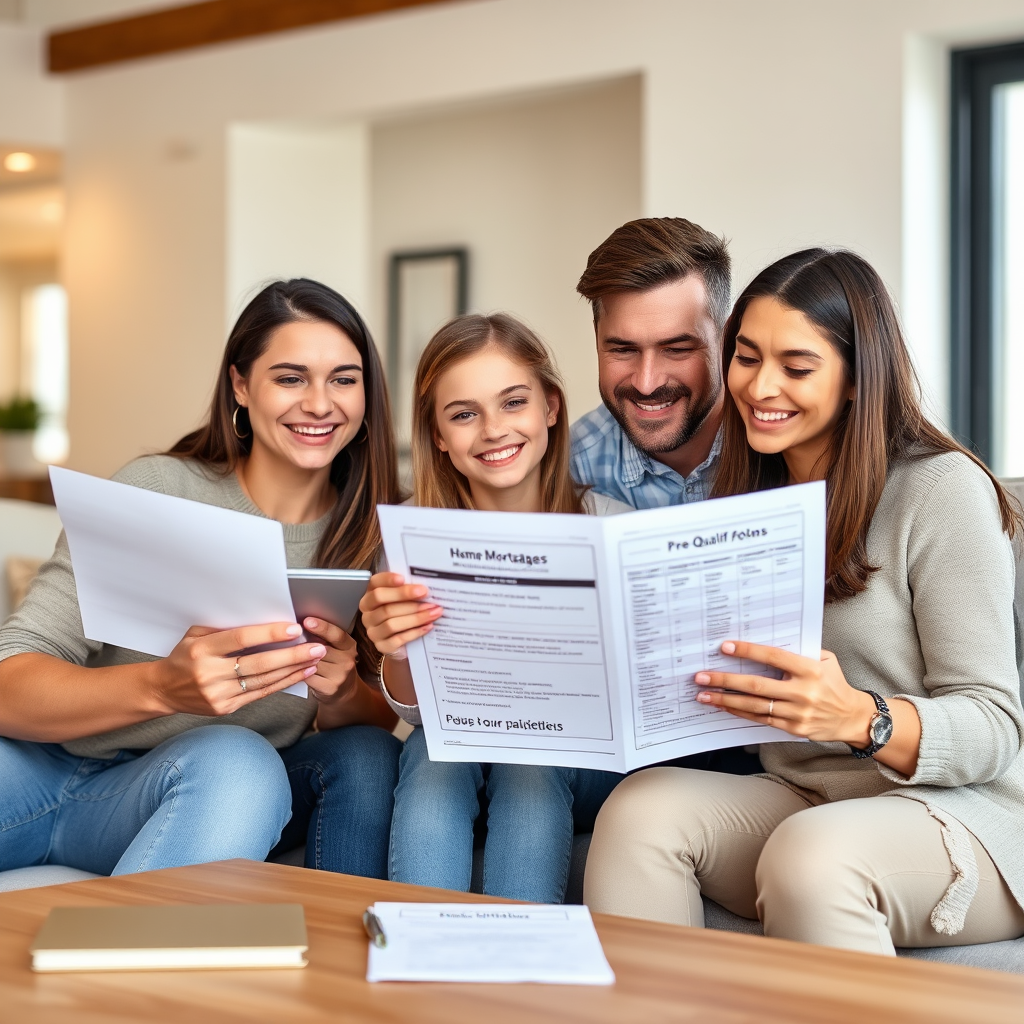 Happy family reviewing home mortgage documents with real estate agent, showing mortgage calculator, down payment options, and pre-qualification paperwork in modern home setting