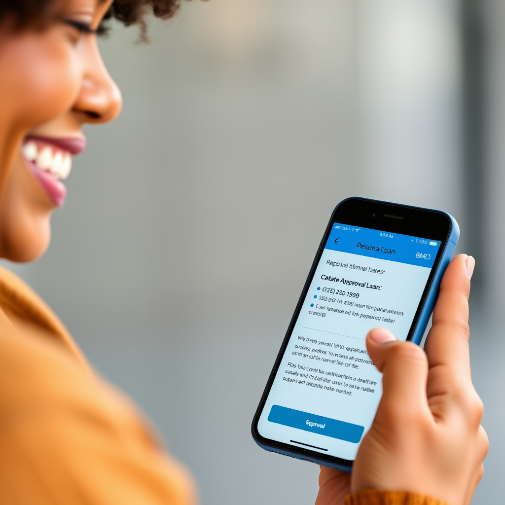 Happy customer using smartphone to complete BMO personal loan application with approval confirmation screen showing competitive rates and terms