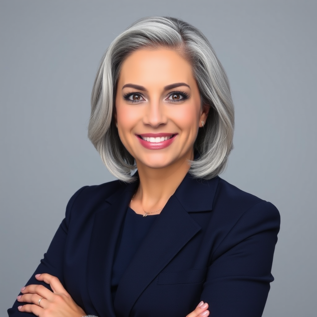 Professional headshot of Elizabeth Rodriguez, Chief Financial Advisor, wearing a navy blazer with silver hair styled professionally and an authoritative yet approachable expression